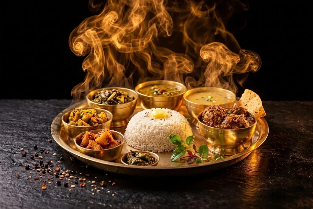 A Nepalese thali served on a brass tray with a selection of dishes