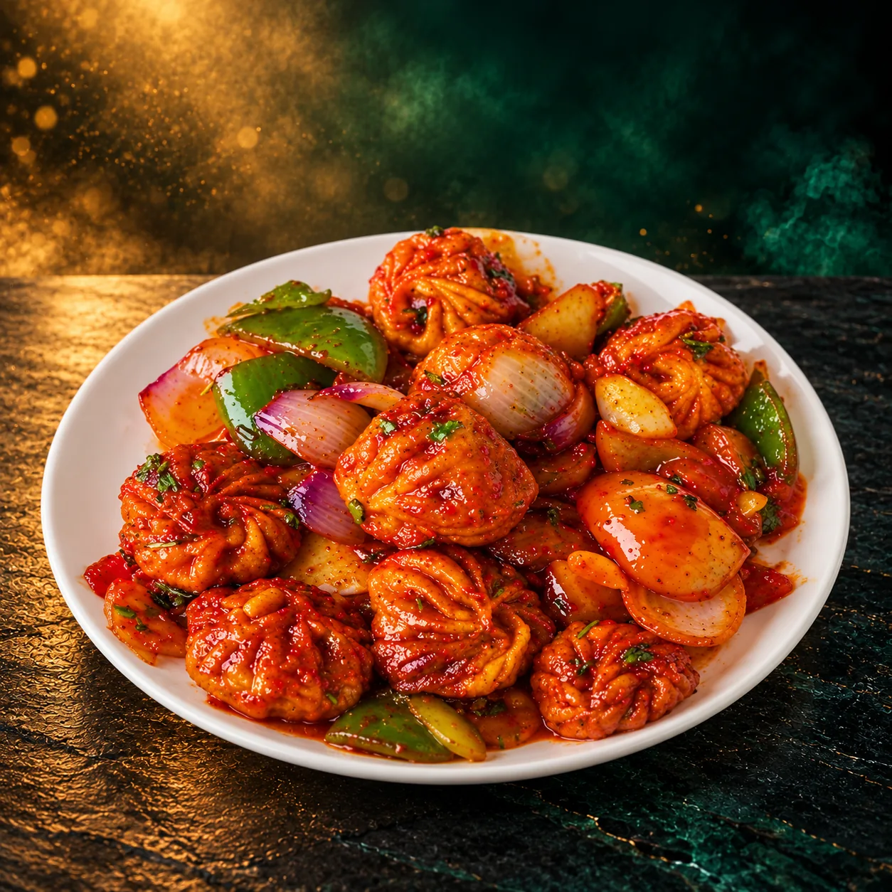 Chilli momo dumplings glazed in red sauce with peppers and onions