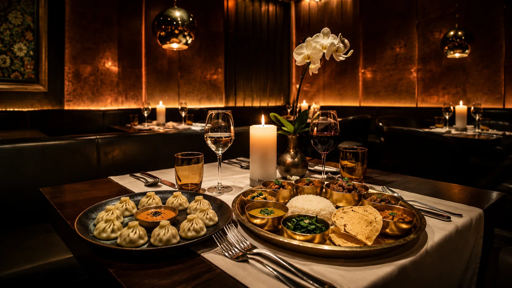 A richly garnished Nepalese and Indian thali-style feast